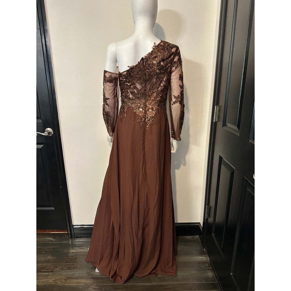 One Shoulder Lace Sequin Evening Gown Brown Long Sleeve High Slit Formal Dress - Picture 3 of 3